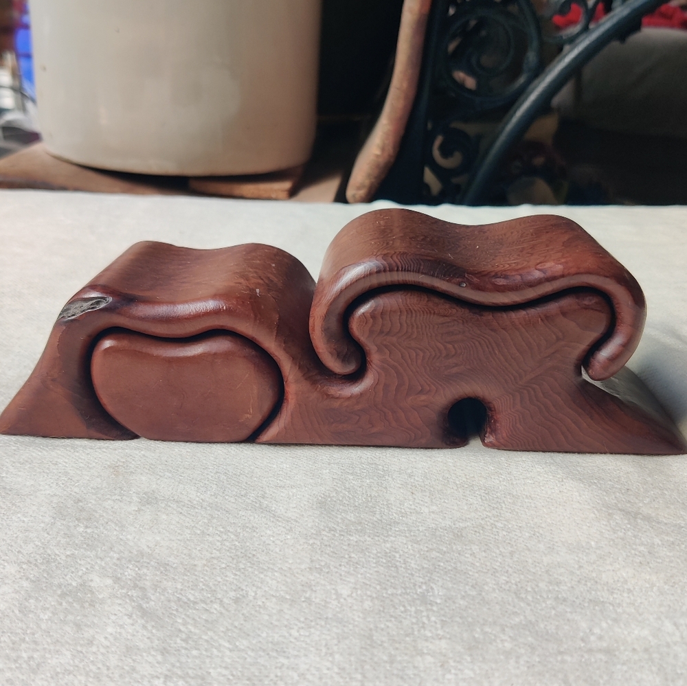 VTG Redwood Burl Puzzle Box 2 Drawer Fred Marilyn Buss Organic Modernist Signed